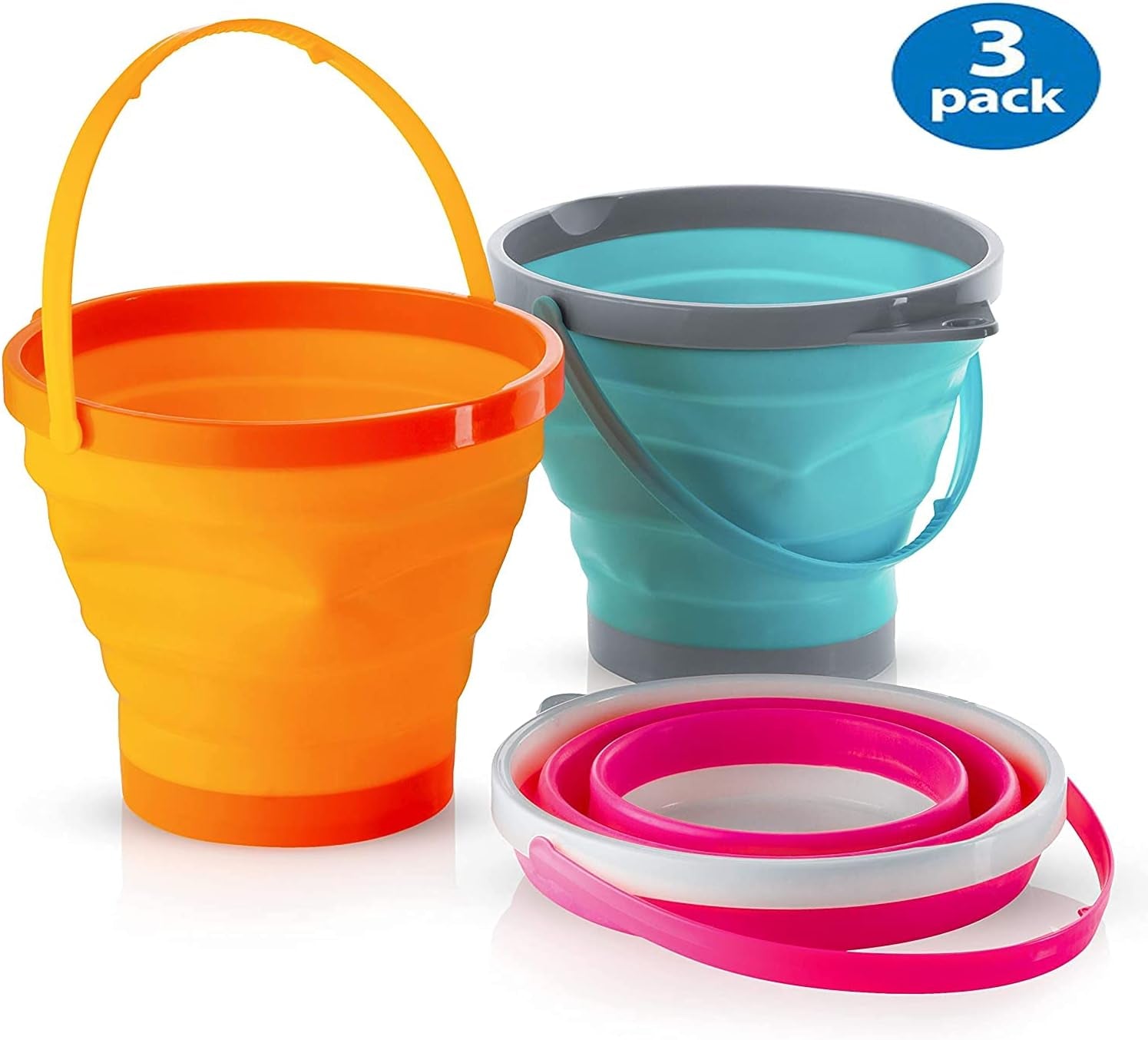 Foldable 7 Inch Silicone Collapsible Pail Beach Buckets Multi Purpose 2 Liter, Half Gallons, Household Cleaning, Camping, Travelling, Fishing, Beach Toys, Car Window Washing (Pack of 3)