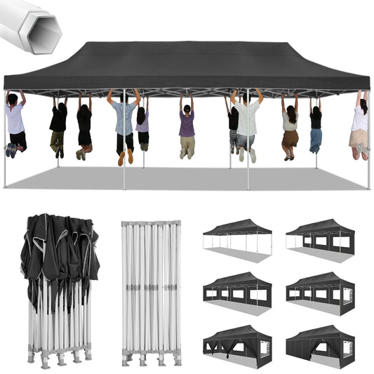 10'X30' EZ Pop up Outdoor Canopy, Commercial Heavy Duty Party Canopy, Waterproof Beach Portable Tent with 8 Removable Sidewalls Instant Gazebo with 4 Sandbags, Carry Bag, Black