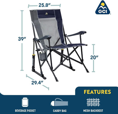 Roadtrip Rocker Camping Chair | Portable, Folding Rocking Chair with Solid, Durable Armrests, Drink Holder & Comfortable Extended Backrest — Indigo Blue