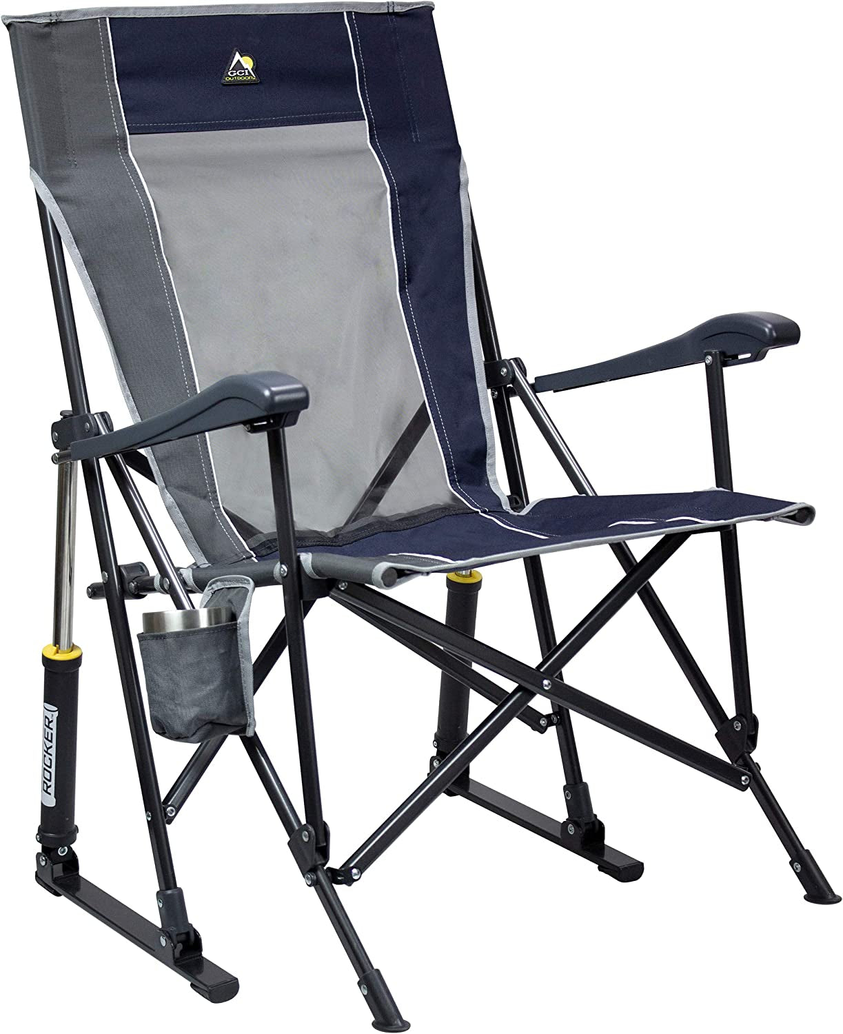 Roadtrip Rocker Camping Chair | Portable, Folding Rocking Chair with Solid, Durable Armrests, Drink Holder & Comfortable Extended Backrest — Indigo Blue